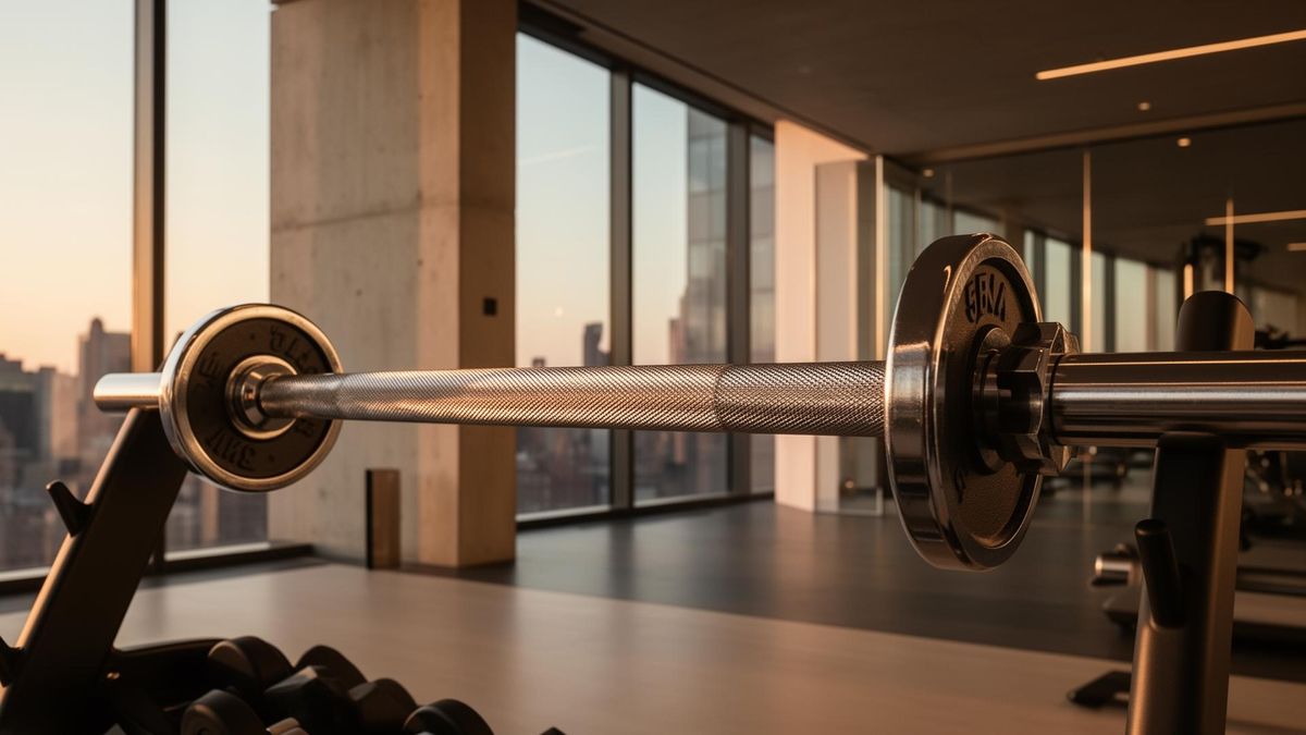 Luxury Manhattan building gym at dawn with chrome barbell in natural light
